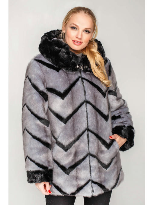 Серая шуба с тонким зигзагомкороткая ниже бедра из искусственного меха на змейке — изображение 4