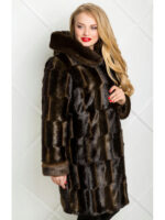 Коричня удлиненная эко шуба с отливом под норку
