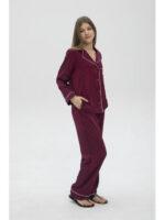 Пижама женская шелковая со штанами и рубашкой бордовая