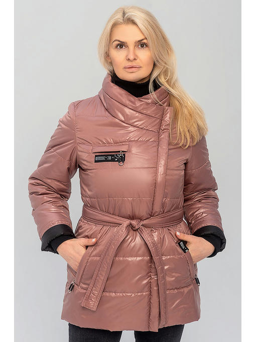 Демисезонная женская куртка с поясом цвета пудра — изображение 6