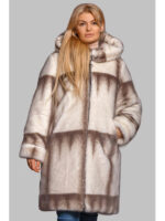 Красивая шуба серо-бежевая на молнии из эко-меха, р 46-56
