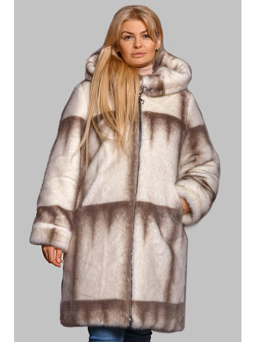 Красивая шуба серо-бежевая на молнии из эко-меха, р 46-56