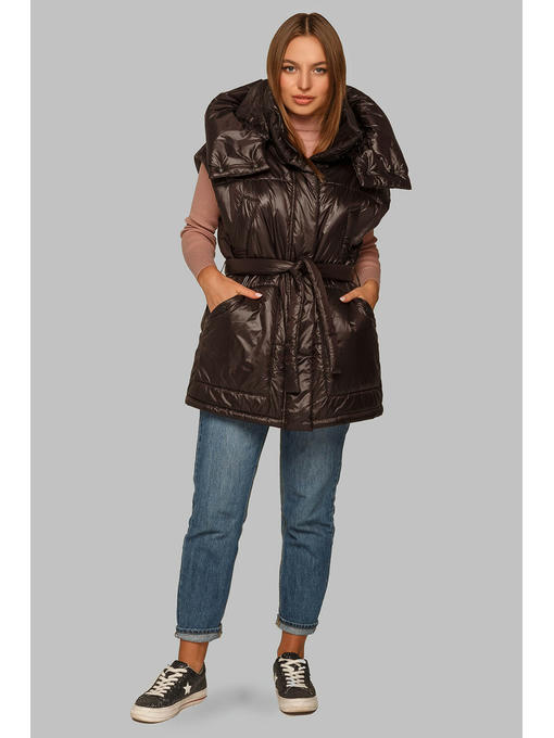 Модный жилет из плащевки с поясом черного цвета — изображение 3