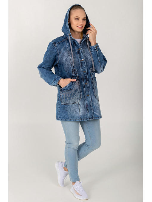 Демисезонная женская джинсовая куртка-ветровка на пуговицах с накладными карманами — изображение 6