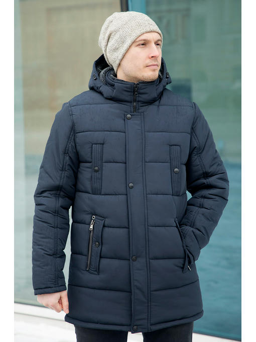 Мужская темно-синяя зимняя куртка с серой отделкой эко-мехом воротника и капюшоном — изображение 5