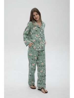Пижама женская из вискозы мята с цветочным принтом