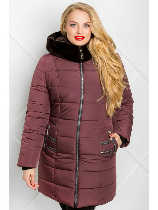 Пальто пуховик зимнее из плащевки цвета марсала с капюшоном