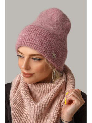 Зимняя шапка Люси ангора с отворотом розового цвета