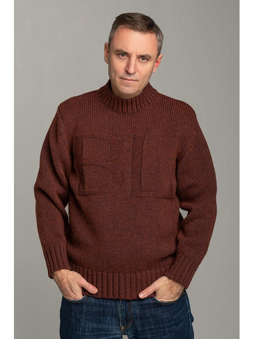 Теплый шерстяной мужской свитер с высокой горловиной терракот меланж