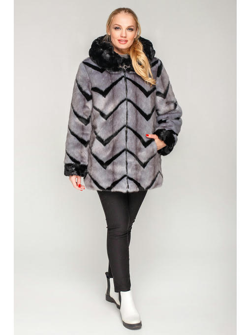 Серая шуба с тонким зигзагомкороткая ниже бедра из искусственного меха на змейке — изображение 5