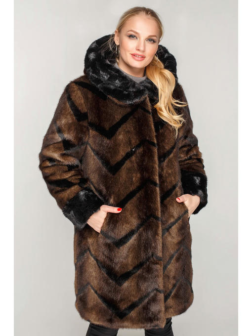 Коричня удлиненная шуба с капюшоном из искусственного меха — изображение 4