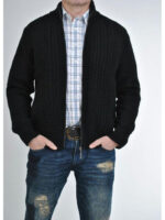 Мужская теплая вязанная кофта разъемной змейкой черного цвета