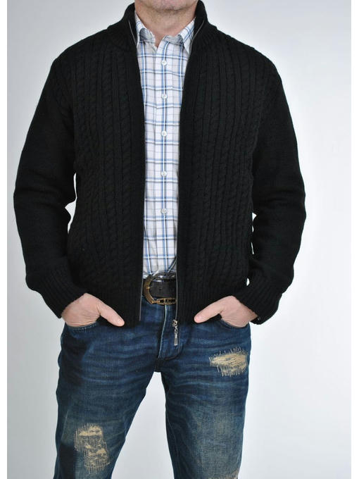 Мужская теплая вязанная кофта разъемной змейкой черного цвета