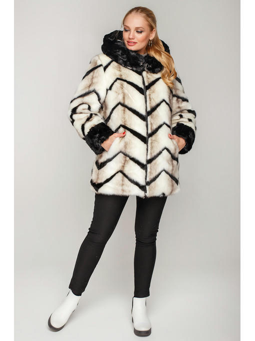 Эко-шуба в молочном цвете с черными тонкими вставками ниже бедра — изображение 3