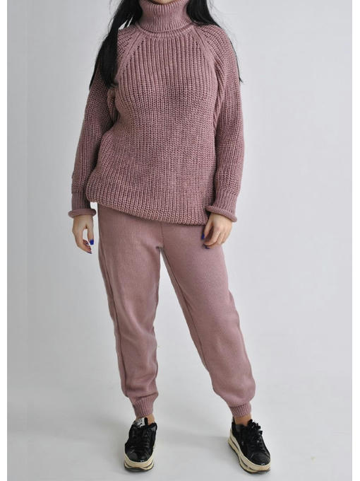 Женский теплый вязаный шерстяной костюм розовый — изображение 2