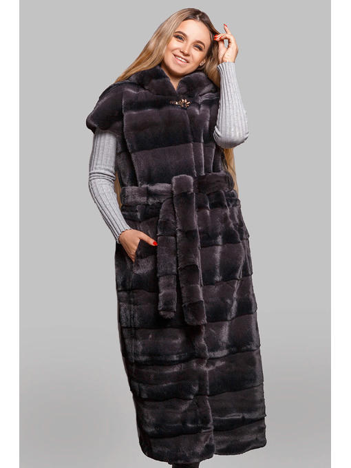 Длинный меховой жилет с капюшоном из стриженной эко-норки, графит