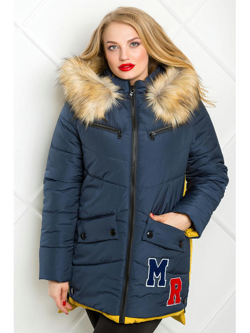 Зимняя женская парка МR синего цвета с желтыми вставками