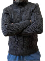 Теплый мужской вязанный зимний свитер с горловиной графит