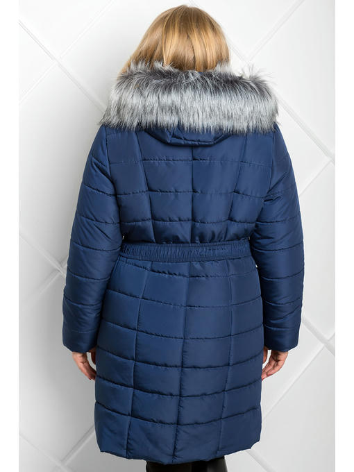Зимнее пальто-пуховик синее с меховой опушкой на капюшоне — изображение 3