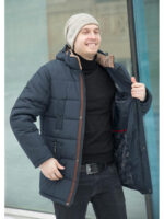 Куртка мужская зимняя темно-синяя KM-5 с коричневой отделкой эко-мехом