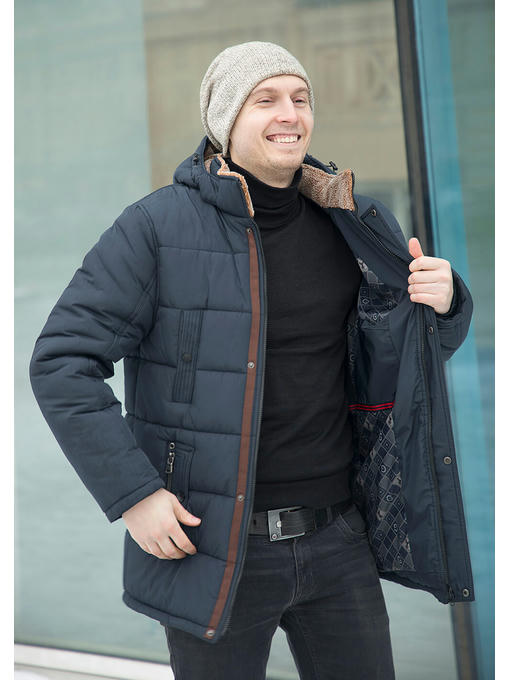 Куртка мужская зимняя темно-синяя KM-5 с коричневой отделкой эко-мехом