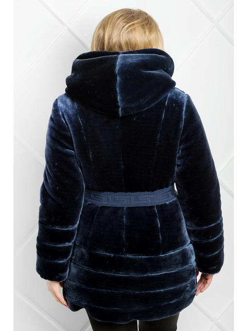 Красивая темно-синяя шуба с поясом из эко меха — изображение 4