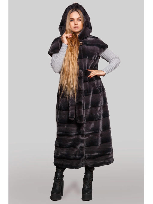 Длинный меховой жилет с капюшоном из стриженной эко-норки, графит — изображение 4