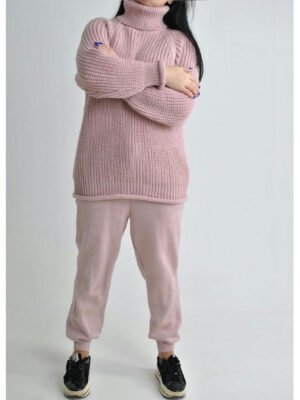Женский теплый вязаный шерстяной костюм цвета пудры