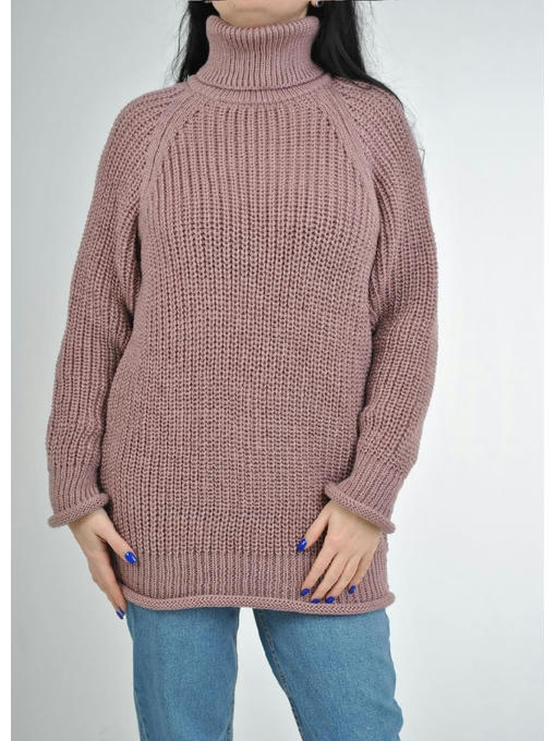 Удлиненный женский свитер крупной вязки с рукавом реглан розового цвет — изображение 4