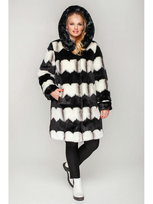 Шуба под норку полосатыми зигзагами черно-белая с капюшоном — изображение 2