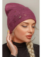 Женская зимняя шапка с украшением двойная в цвете бордо