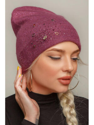 Женская зимняя шапка с украшением двойная в цвете бордо