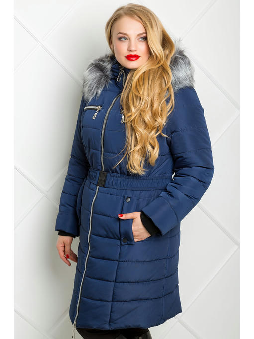 Зимнее пальто-пуховик синее с меховой опушкой на капюшоне — изображение 2