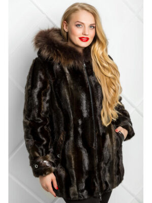 Коричня шуба с капюшоном на молнии из искусственного меха