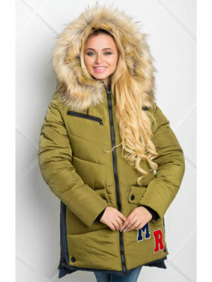 Женская парка МR цвета хаки с темно синими вставками и капюшоном
