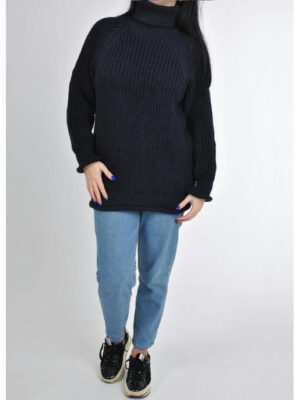 Удлиненный женский свитер крупной вязки с рукавом реглан темно-синий