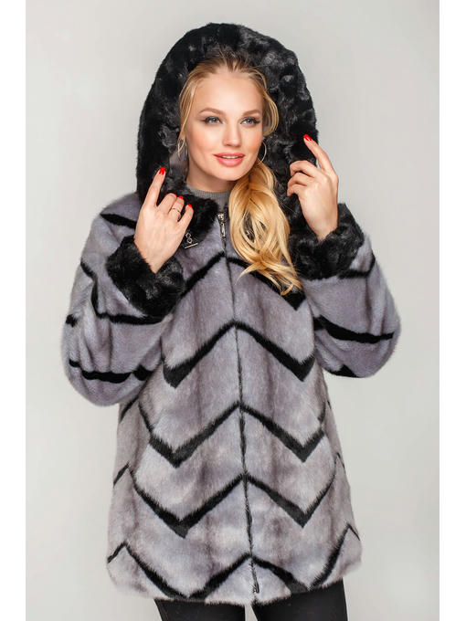 Серая шуба с тонким зигзагомкороткая ниже бедра из искусственного меха на змейке — изображение 2