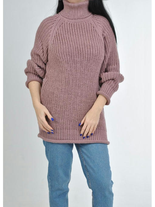 Удлиненный женский свитер крупной вязки с рукавом реглан розового цвет — изображение 3