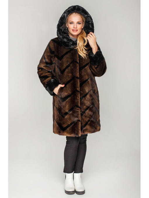 Коричня удлиненная шуба с капюшоном из искусственного меха — изображение 3