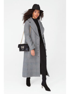 Длинное демисезонное пальто в клетку черное