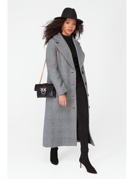 Длинное демисезонное пальто в клетку черное