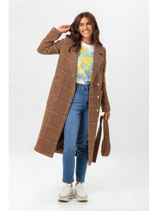 Женское демисезонное пальто в клетку кофе — изображение 3