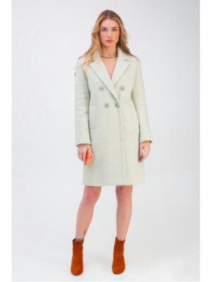 Прямое двубортное пальто в клеточку фисташковое