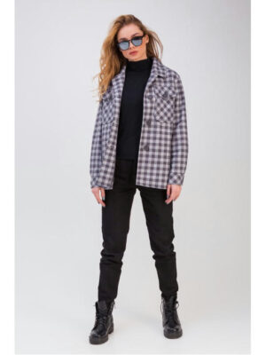 Стильная рубашка с накладными карманами серо-синяя