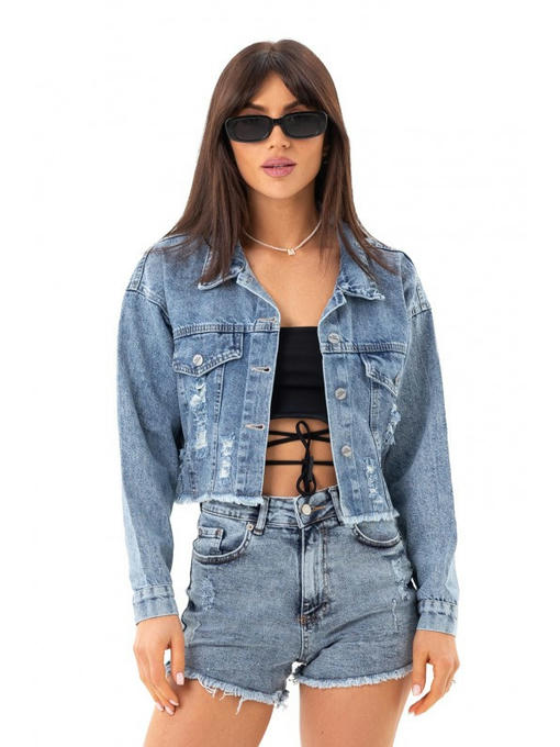 Короткая джинсовая куртка синяя — изображение 2