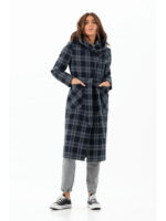 Длинное пальто с капюшоном синее