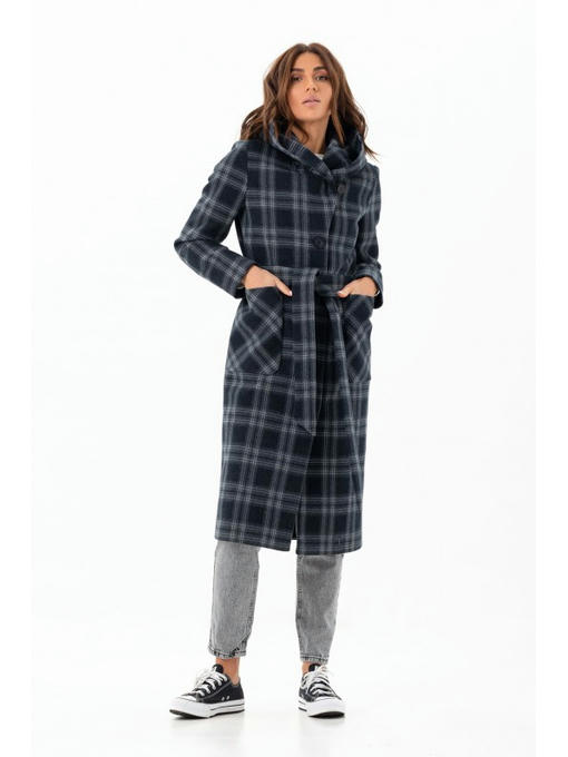 Длинное пальто с капюшоном синее