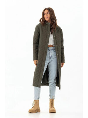 Стеганое пальто с воротником-стойкой хаки