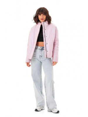 Дутая куртка с воротником-стойкой розовая