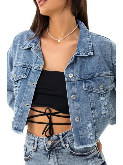 Короткая джинсовая куртка синяя — изображение 8